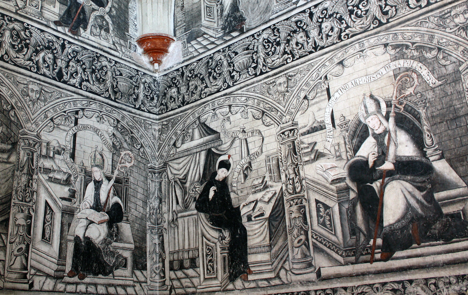 Augustinian heroes (esteemed figures) at desks (detail), stairway murals, Convent of San Nicolás Tolentino, 1546 and after, Actopan, Hidalgo, Mexico (photo: linkogecko, CC BY-NC-ND 2.0)