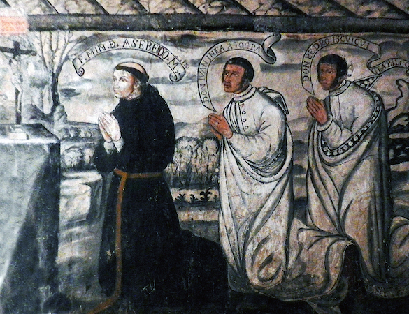 Friar Martín de Acevedo, Don Juan Atocpa, and Don Pedro Izquicuitlapico (detail), stairway murals, Convent of San Nicolás Tolentino, 1546 and after, Actopan, Hidalgo, Mexico