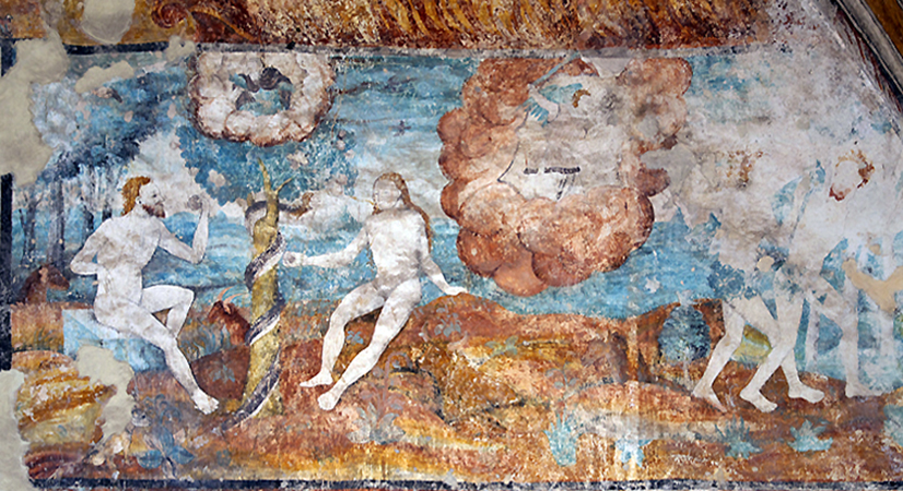 Adam and Eve in the Garden of Eden (left) and expulsion from the Garden of Eden (right), open chapel, Convent of San Nicolás Tolentino, 1546 and after, Actopan, Hidalgo, Mexico