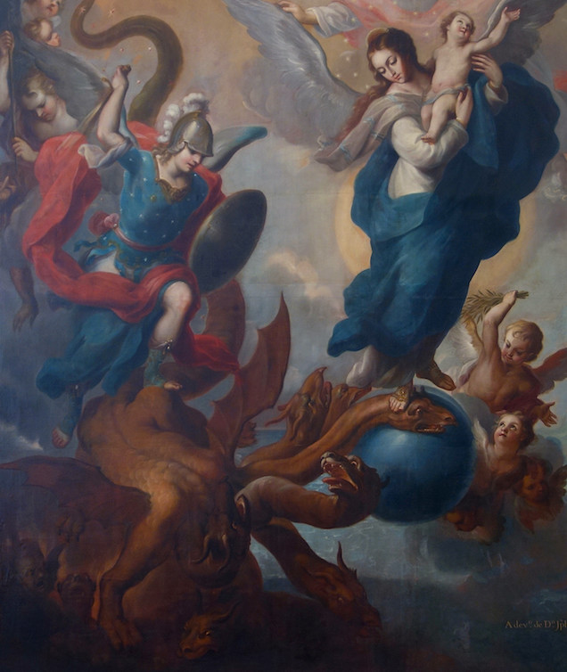 Left side (detail), Miguel Cabrera, The Virgin of the Apocalypse, 1760, oil on canvas, 352.7 x 340 cm (Museo Nacional de Arte, INBA)