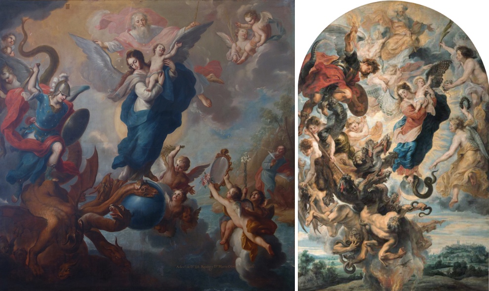 Left: Miguel Cabrera, The Virgin of the Apocalypse, 1760, oil on canvas, 352.7 x 340 cm (Museo Nacional de Arte, INBA)l right: Peter Paul Rubens, The Woman of the Apocalypse, 1623-25, oil on canvas, 554.5 x 370.5 cm (Alte Pinakothek, Munich)