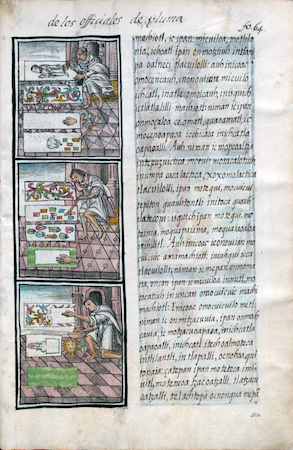 Featherworkers, Bernardino de Sahagún and collaborators, General History of the Things of New Spain, also called the Florentine Codex, vol. 2, book 9, f. 64v, 1575-1577, watercolor, paper, contemporary vellum Spanish binding, open (approx.): 32 x 43 cm, closed (approx.): 32 x 22 x 5 cm (Medicea Laurenziana Library, Florence, Italy)