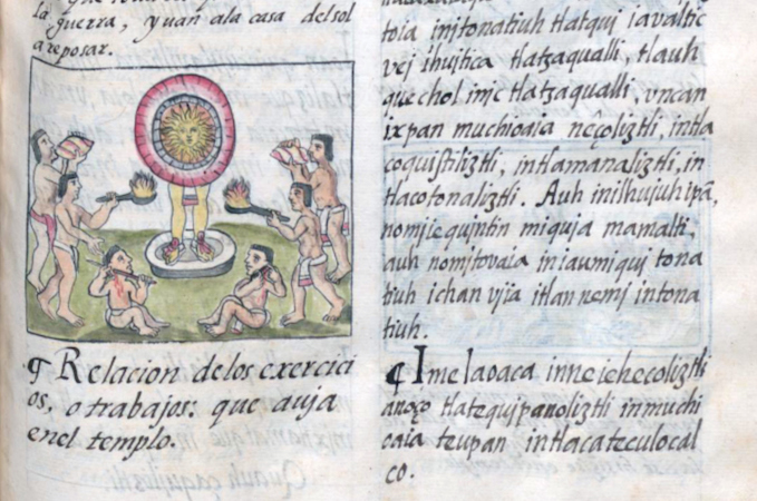 Activities in the temple (detail), Bernardino de Sahagún and collaborators, General History of the Things of New Spain, also called the Florentine Codex, vol. 1, book 2, f. 135r, 1575-1577, watercolor, paper, contemporary vellum Spanish binding, open (approx.): 32 x 43 cm, closed (approx.): 32 x 22 x 5 cm (Medicea Laurenziana Library, Florence, Italy)