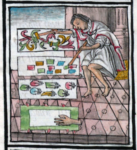 Top scene (left) and middle scene (right) of featherworkers (details), Bernardino de Sahagún and collaborators, General History of the Things of New Spain, also called the Florentine Codex, vol. 3, book 9, f. 64v, 1575-1577, watercolor, paper, contemporary vellum Spanish binding, open (approx.): 32 x 43 cm, closed (approx.): 32 x 22 x 5 cm (Medicea Laurenziana Library, Florence, Italy)