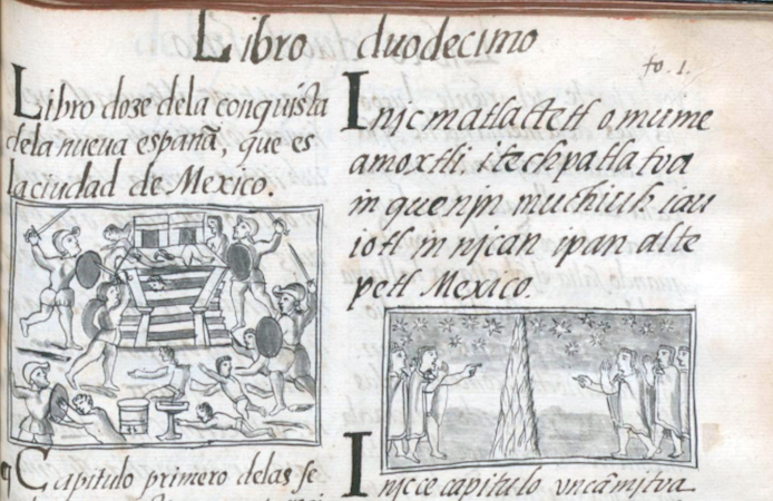 Toxcatl massacre (detail), Bernardino de Sahagún and collaborators, General History of the Things of New Spain, also called the Florentine Codex, vol. 3, book 12, f. 1v, 1575-1577, watercolor, paper, contemporary vellum Spanish binding, open (approx.): 32 x 43 cm, closed (approx.): 32 x 22 x 5 cm (Medicea Laurenziana Library, Florence, Italy)