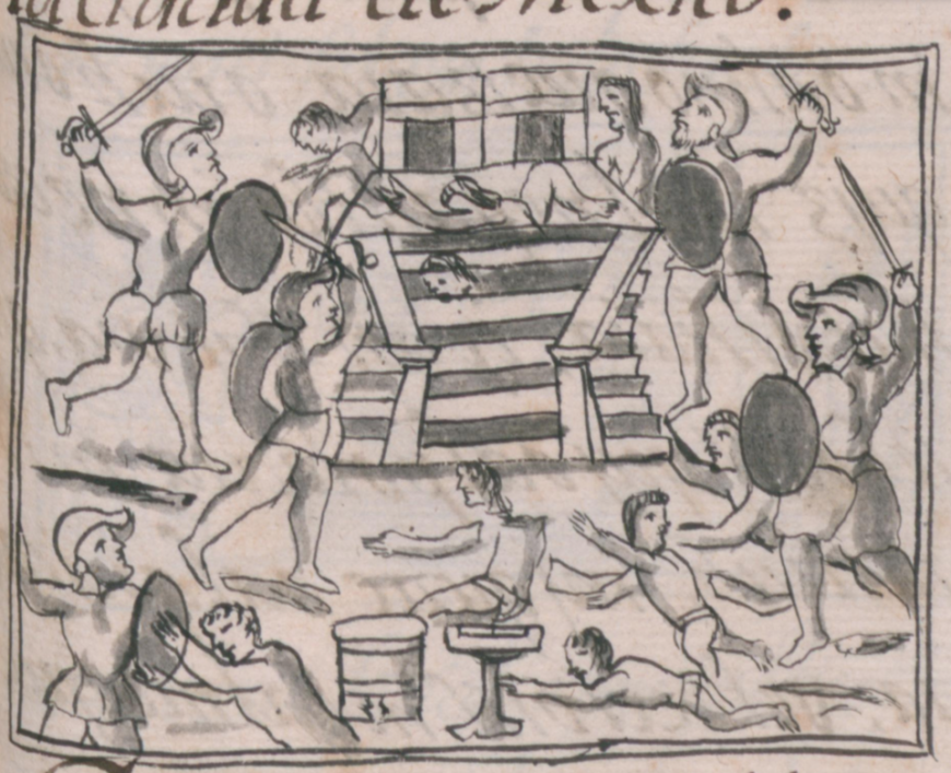 Toxcatl Massacre, Book 12 of the Florentine Codex (“Of the Conquest of New Spain”). Ms. Mediceo Palatino 220, 1577, fol. 1 (detail). Courtesy of the Biblioteca Medicea Laurenziana, Florence, and by permission of MiBACT