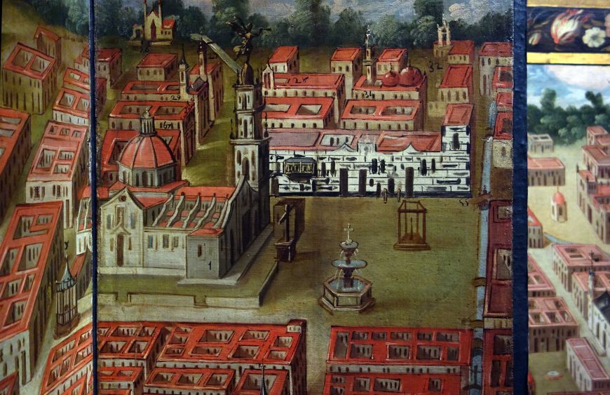 Mexico City church, Biombo with the Conquest of Mexico and View of Mexico City, New Spain, late 17th century (Museo Franz Mayer, Mexico City)