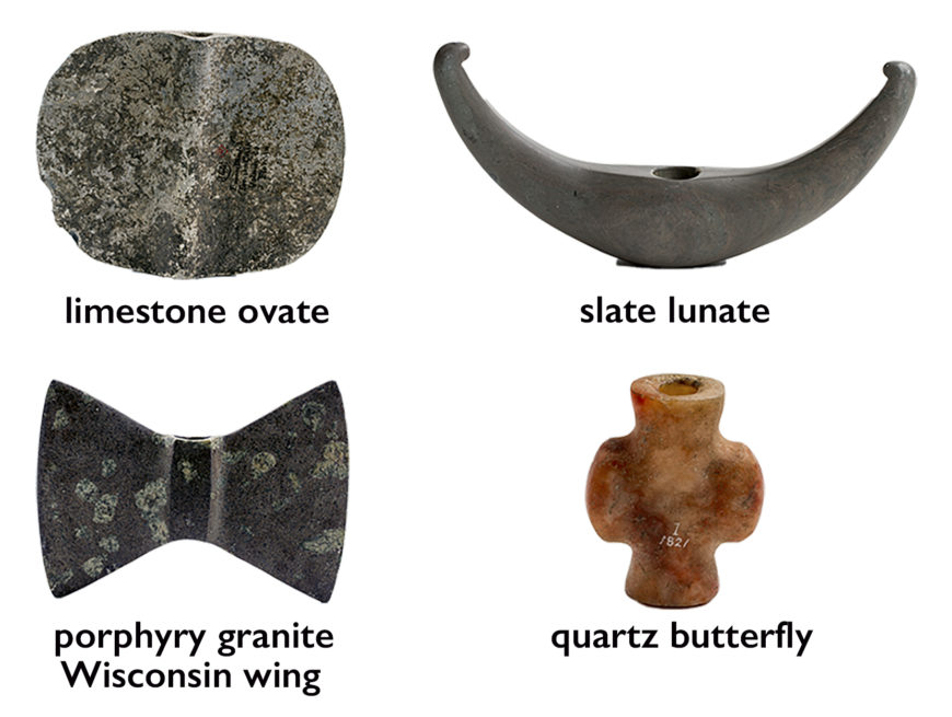 Different types of bannerstones (clockwise from left: American Museum of Natural History d/144 Limestone; American Museum of Natural History 13/105 Slate; NMNH A26077 Porphyry Granite; American Museum of Natural History 1/1821 Quartz)