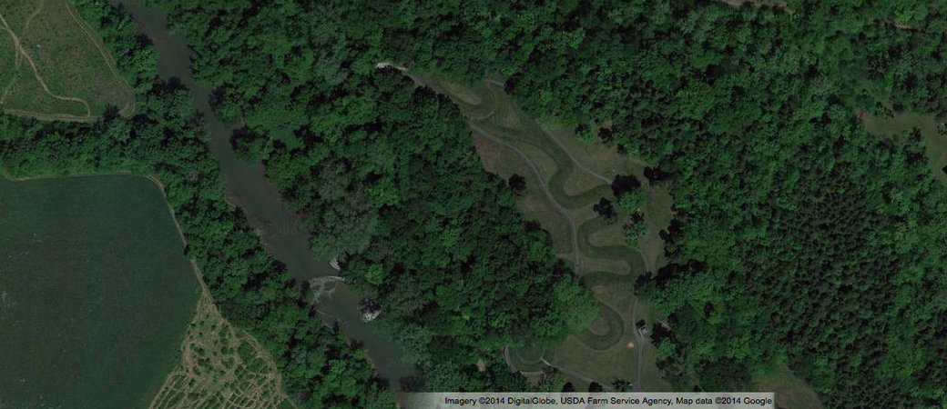 Aerial view of the Great Serpent Mound, c. 1070, Adams County, Ohio