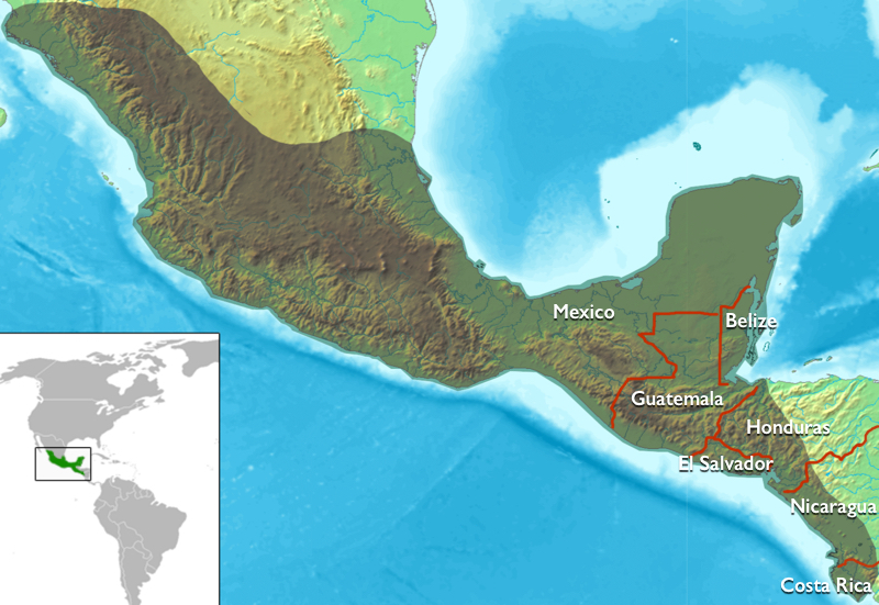 Map of Mesoamerica, with the borders of modern countries
