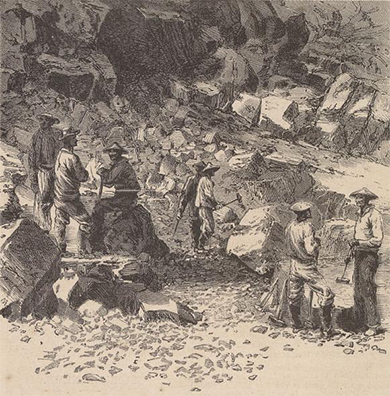 一幅画描绘了一群中国劳工在修建铁路。 有几个工人正在互相交谈。