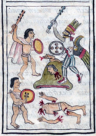 Illustration of the Battle of Coatepec from Bernardino de Sahagún, General History of the Things of New Spain (The Florentine Codex), 1575–77, volume 1, page 420