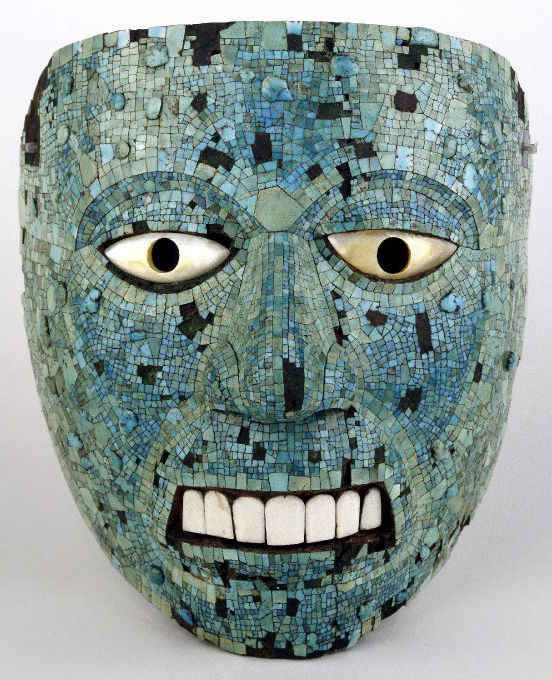 Turquoise mosaic mask (human face), 1400-1521 C.E., cedrela wood, turquoise, pine resin, mother-of-pearl, conch shell, 16.5 x 15.2 cm © The Trustees of the British Museum