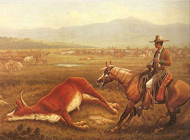 一幅画描绘了一只墨西哥 vaquero 骑在一匹马上，面对着一只大型死动物，他用绳子套住了这只动物。