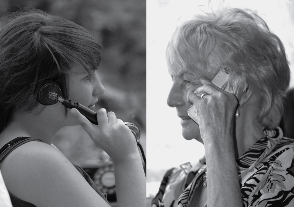 This figure consists of two photos. One photo shows a young woman on the phone. Her skin is smooth and unwrinkled. The other photo shows an elderly women in the same posture while on the phone. The skin of her hands and forearms is wrinkled.