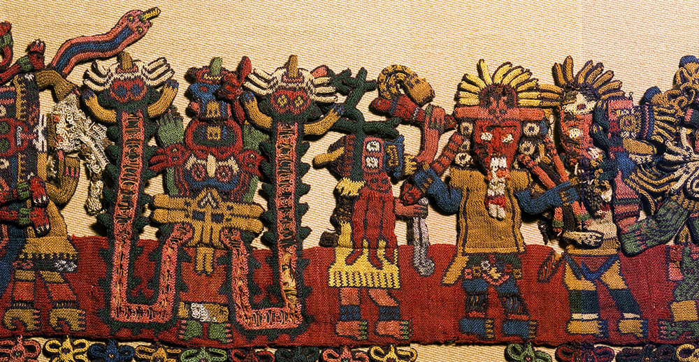 Detail of border figures, Nasca, Mantle ("The Paracas Textile"), 100-300 C.E., cotton, camelid fiber, 58-1/4 x 24-1/2 inches / 148 x 62.2 cm, found South Coast, Paracas, Peru (Brooklyn Museum)