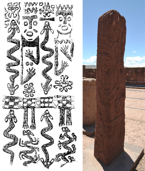 Left: A drawing showing all four sides of a Yayamama stele from Taraco, Peru (redrawn after Chávez and Mohr Chávez 1988); Right: Stele 15, Semi-subterranean Court, Tiwanaku, Bolivia (photo: Antoine 49, CC BY-NC-ND 2.0)