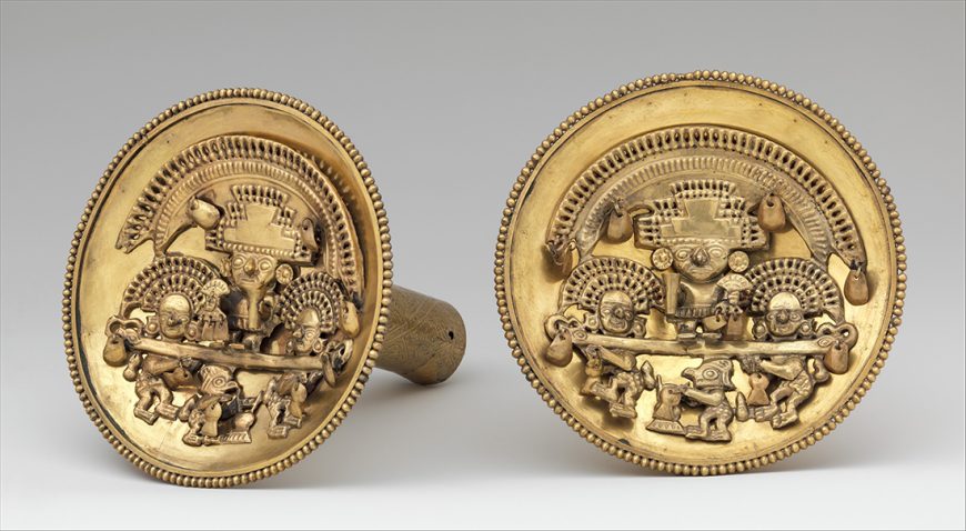 Pair of Chimú earspools, 12th–15th century, Peru, gold, 13.5 cm in diameter (The Metropolitan Museum of Art)