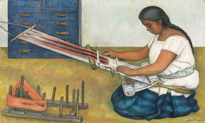 Weaving on a backstrap loom, Diego Rivera, The Weaver, 1936, tempera and oil on canvas, 66 x 106.7 cm (Art Institute of Chicago)