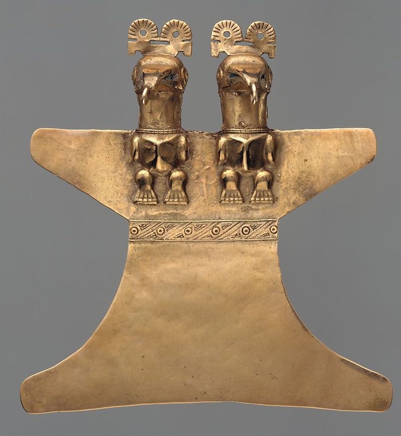 Muisca artist, Double Eagle Pendant, 10th&ndash;16th century, gold (cast alloy), Colombia, Guatavita Lake region (The Metropolitan Museum of Art)
