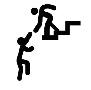 two figures helping another up stairs