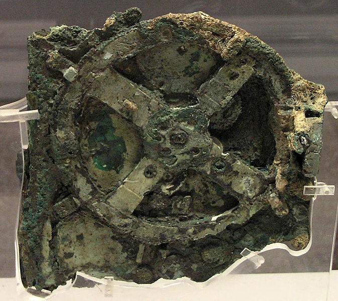 Main Antikythera mechanism fragment. The mechanism consists of a complex system of 30 wheels and plates with inscriptions relating to signs of the zodiac, months, eclipses and pan-Hellenic games.