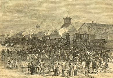 An engraving shows railroad workers and their families blocking train engines.