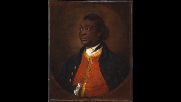 Painted portrait of Ignatius Sancho looking to the left, in formal dress including a red waistcoat with gold trim