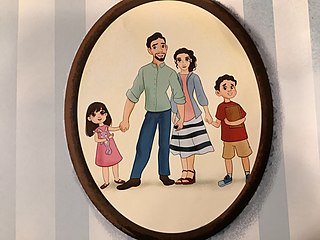 Family picture with an oval frame, and it has father, mother, son and daughter.