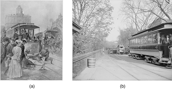 L'illustration (a) montre un accident de chariot : un homme est étendu sur les voies ferrées devant un chariot arrêté, tandis que plusieurs autres hommes lui viennent en aide sous les yeux de la foule. La photographie (b) montre trois chariots sortant d'un tunnel souterrain à Boston.