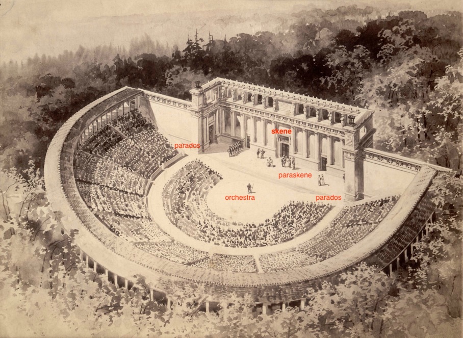 Sketch of the Hearst Greek Theatre from an above perspective that looks down into it. Shows the stage and the seats filled with audience members. Parts of the stage are labeled.