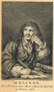 Portrait of Moliere. He sits with his head resting on one hand, as the other hand holds a quill against a piece of paper before him.