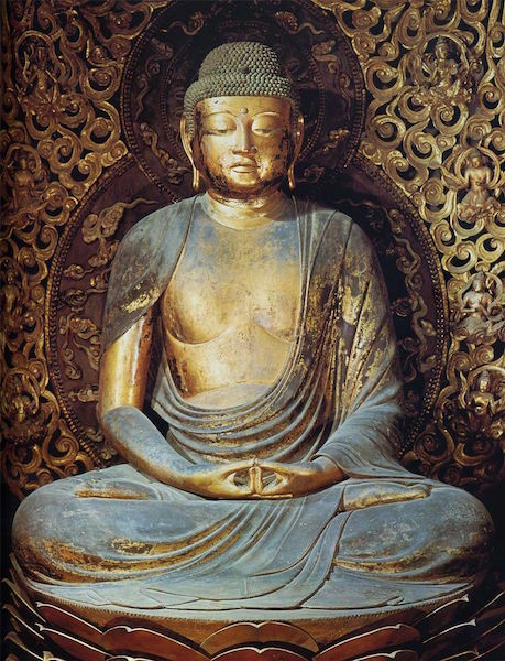 Jōchō, Amida Buddha, Heian Period, c. 1053, wood covered with wood leaf, 295 cm (Phoenix Hall, Byodo-in, Kyoto)