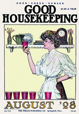 The August 1908 cover of Good Housekeeping shows an illustration of a well-dressed housewife inspecting one of a series of drinking glasses. Behind her is a shelf with vases of flowers, several books, a clock, and a pitcher and tray.