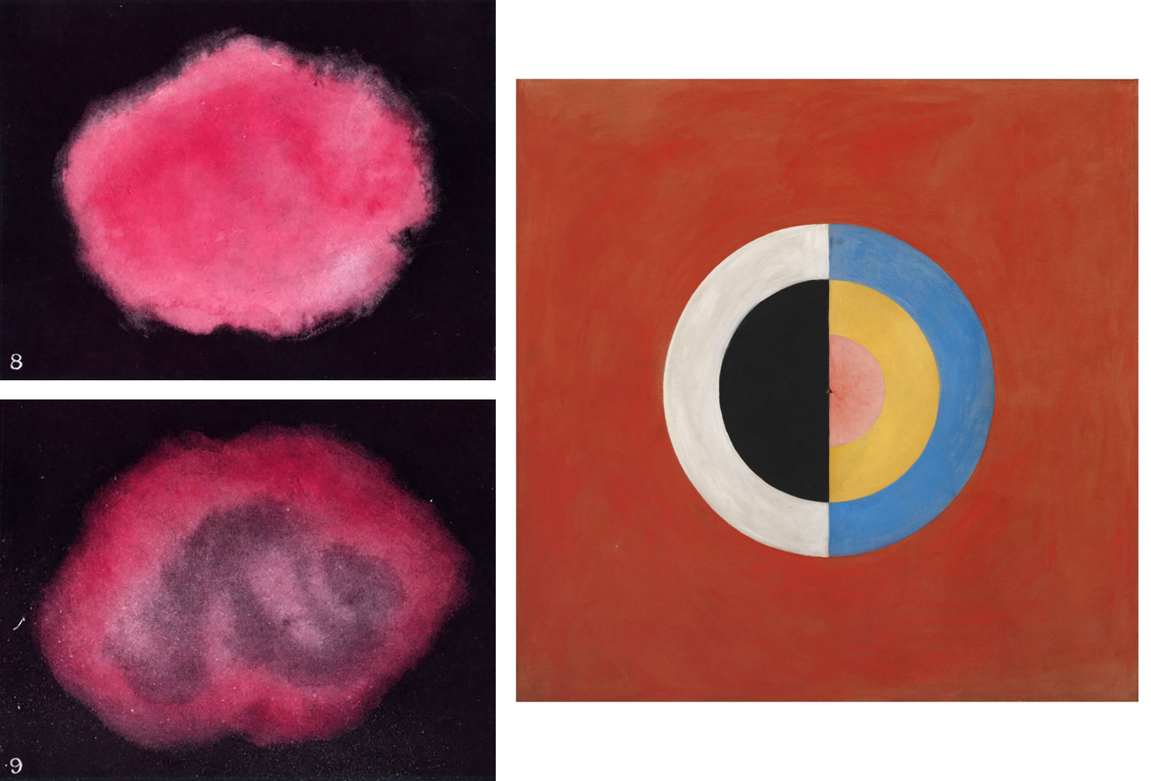 Left: Figures 8 and 9 from Annie Besant and C. W. Leadbeater, Thought Forms, 1905 (London: The Theosophical Publishing House LTD). Right: Hilma af Klint, Group IX/SUW, No. 17. The Swan, 1915, oil on canvas, 150.5 × 151 cm (Moderna Museet / Stockholm).