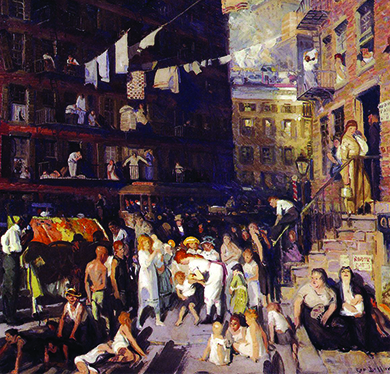 A painting shows a realistic urban scene. Men, women, and children congregate in a large crowd between tenement houses, where they sit and stand on the street, on the stoops, and in front of their windows. A crowded streetcar is visible, running past the building in the background. Clotheslines filled with hanging laundry run between the buildings.