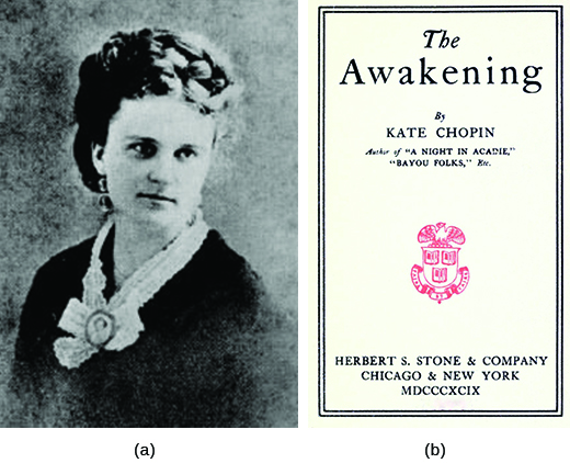 Photograph (a) é um retrato de Kate Chopin. A fotografia (b) mostra a capa de The Awakening.
