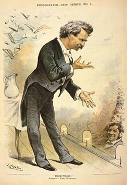 Une illustration satirique de Mark Twain s'adressant à un public est présentée.