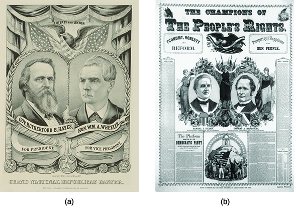 展示了两张竞选海报。 海报 (a) 包含卢瑟福 B. Hayes 和 William A. Wheeler 的插图，标有 “州长卢瑟福 B. Hayes/For 总统” 和 “W.M.A. Wheeler/For 副总统”。 它们的上方有一只老鹰，上面有一面旗帜和 “自由与联盟” 的标签。 海报 (b) 标题为 “人民权利捍卫者”。 经济、诚信和改革。 我们的人民的繁荣与幸福。” 下图有两幅标有 “塞缪尔·蒂尔登/民主党总统候选人” 和 “托马斯·亨德里克斯/民主党副总统候选人” 的插图。 候选人的肖像周围环绕着三位身穿礼服的女性的插图，第三幅带有美国国旗和郁郁葱葱的绿色植物。
