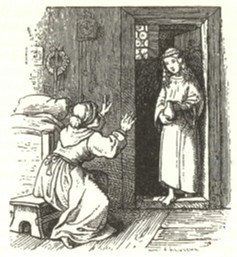 A Young ghost stands in a doorway. An oldwoman kneels at his feet. 