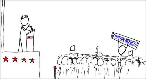 A cartoon showing an American political speech, with a protester holding up a Citation Needed sign