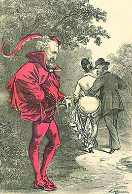 Um desenho animado mostra Roscoe Conkling vestido como o diabo, enquanto Hayes sai com o braço em volta da cintura de uma mulher. A legenda diz: “A esse Poder ele pertence, que só faz o certo enquanto sempre deseja o errado”.