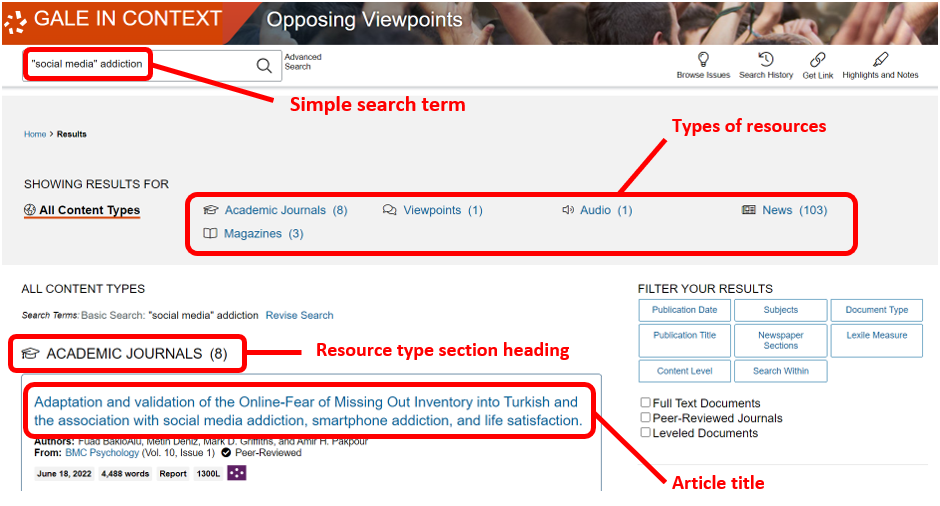Screenshot of Opposing Viewpoints showing a simple search and results