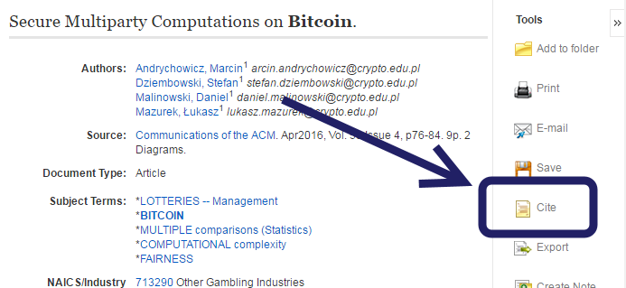 Screenshot of a search result for an article on Bitcoin in EBSCO database
