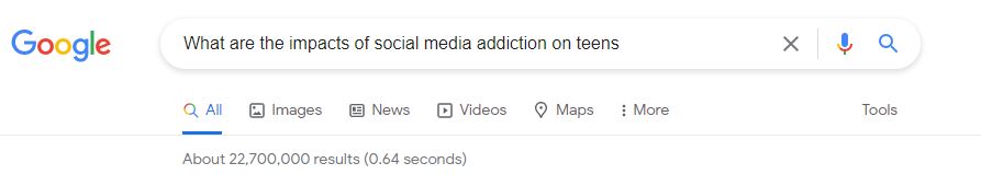 A Google search using a full sentence showing 22 million results