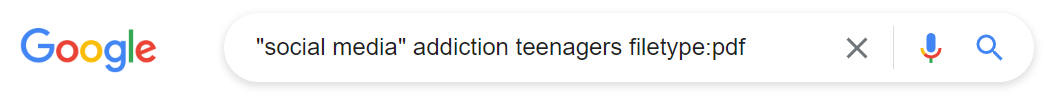 Screenshot of a Google search for "social media" addiction teenagers filetype:pdf