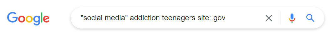 Screenshot of a Google search for "social media" addiction teenagers site:.gov
