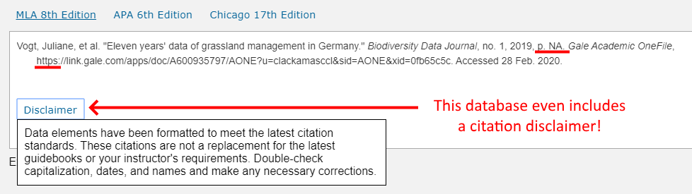 Screenshot of a Disclaimer for a premade citation warning that you should correct any errors