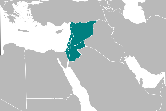 The map of Levant Countries (Syria, Jordan, Lebanon, and Palestine) in the Middle east in Green and the rest of the map is grey. 
