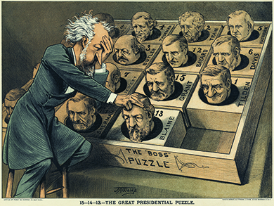 Un dessin animé montre Roscoe Conkling jouant à un jeu de puzzle populaire de l'époque avec la tête de candidats républicains potentiels à la présidentielle. La légende indique « Le grand casse-tête présidentiel ».